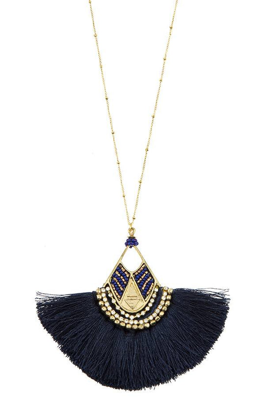 Mix jewel bead fringe tassel fan pendant long necklace