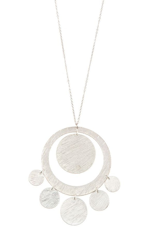 Textured disk link pendant long necklace