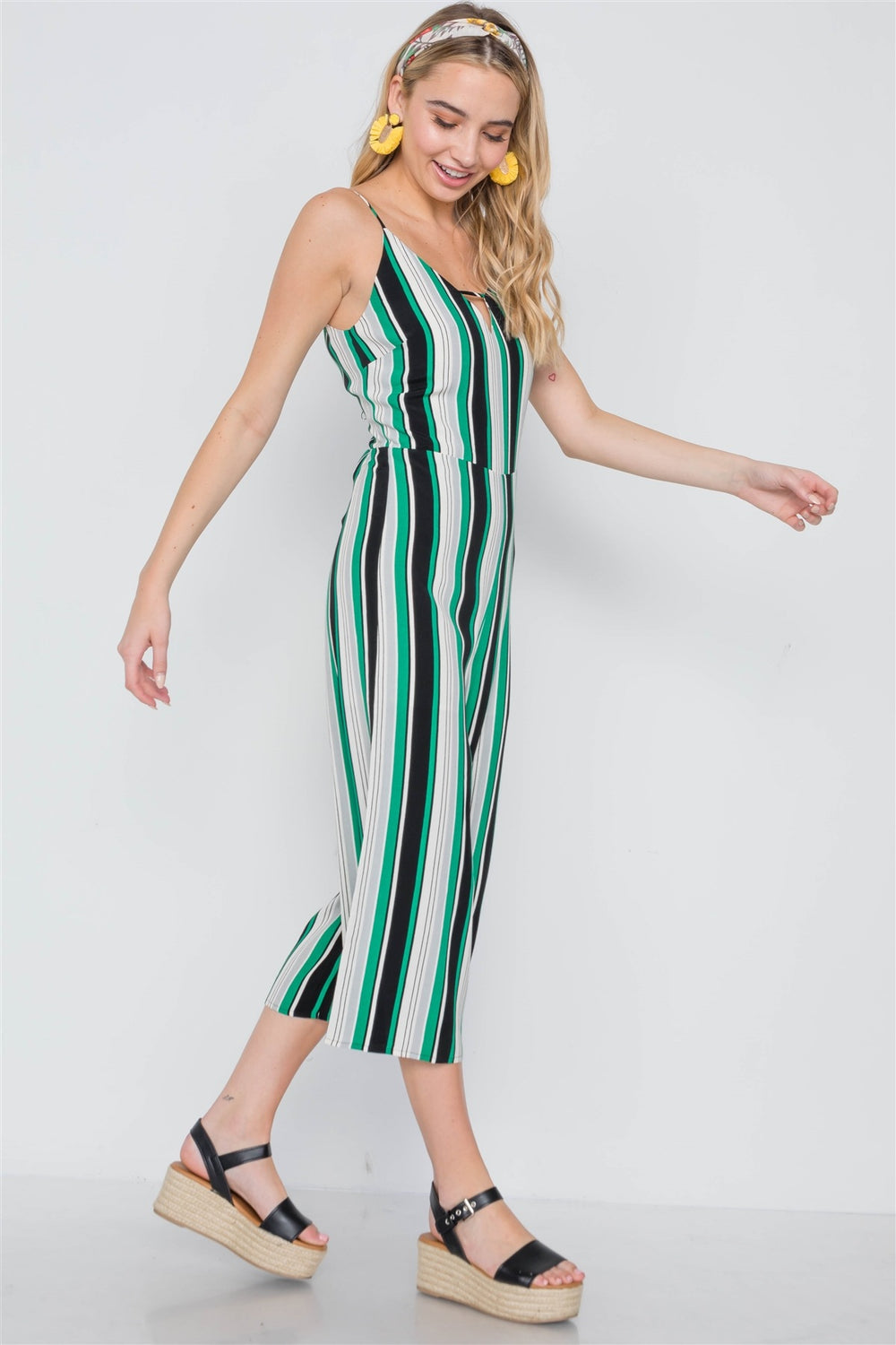 Green Stripe Cami Wide Leg Capri Jumpsuit