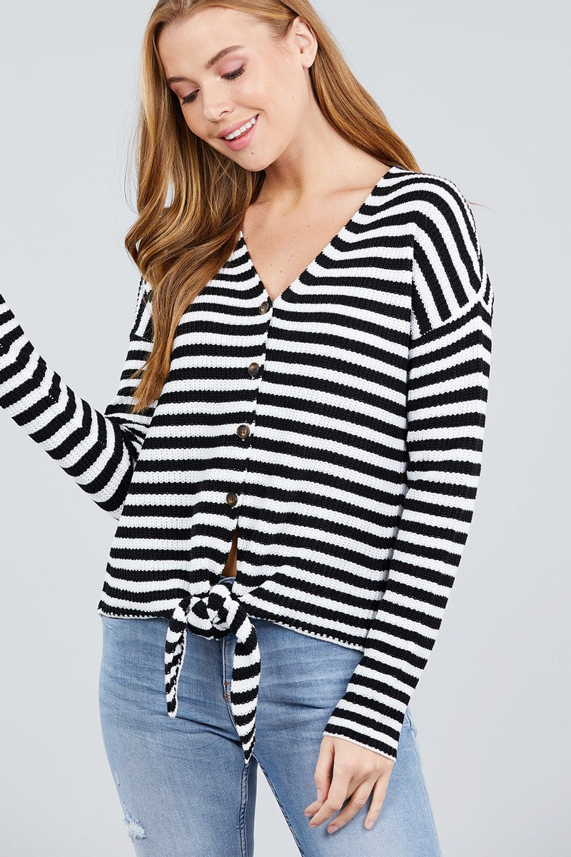 Long Sleeve V-neck W/buttoned Down Front Tie Stripe Cardigan