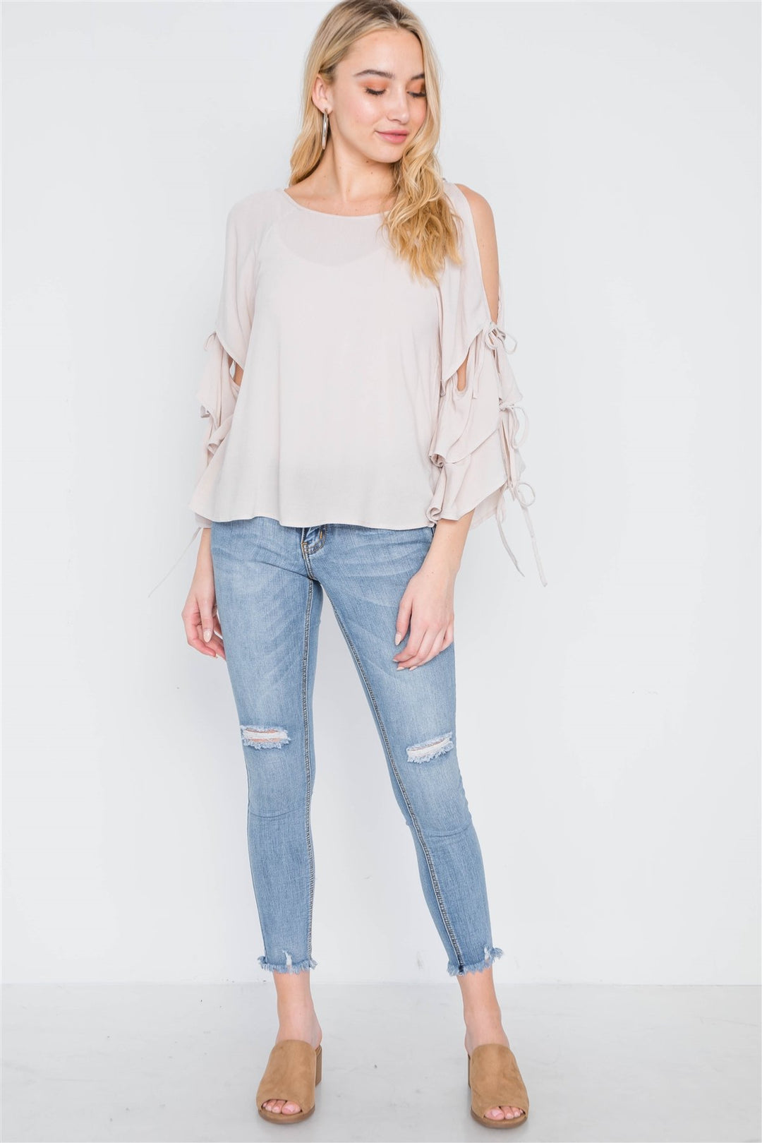 Oatmeal Self-tie Long Bell Sleeves Top