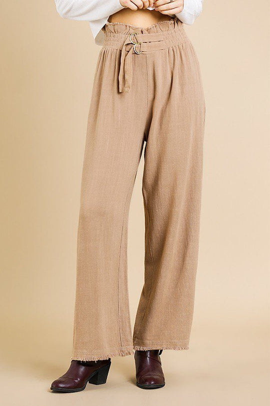 Linen Blend High Waist Paperbag Wide Leg Pant