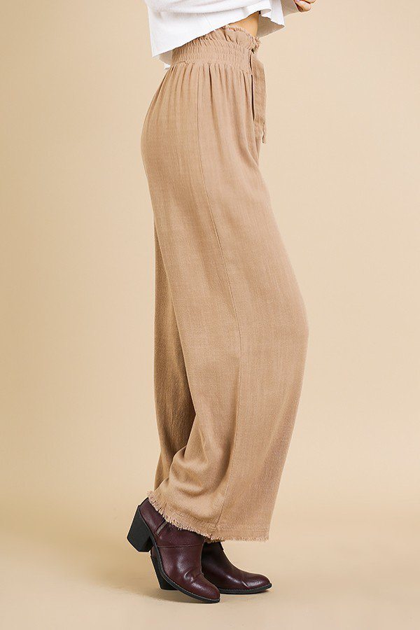 Linen Blend High Waist Paperbag Wide Leg Pant