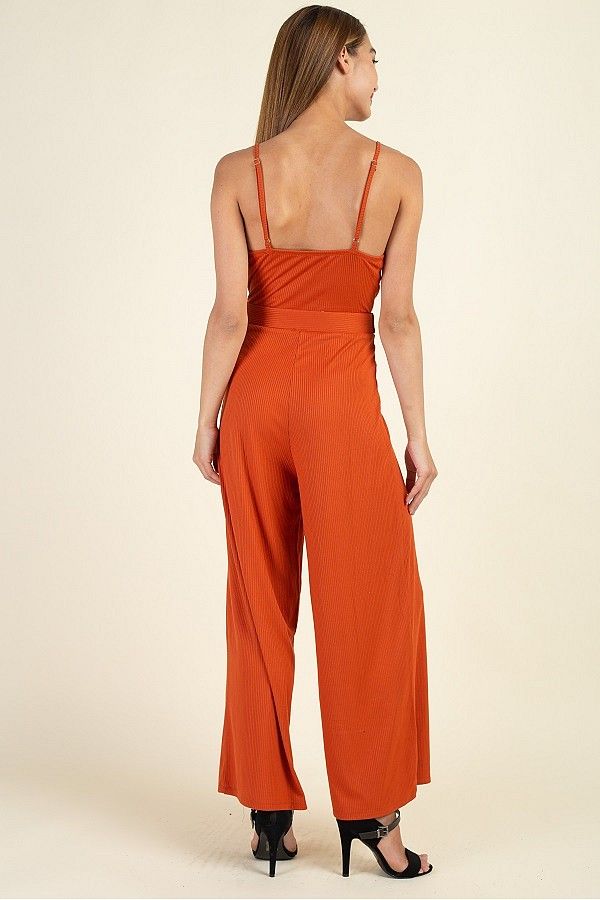 Waist Side Belt Rib Jumpsuit