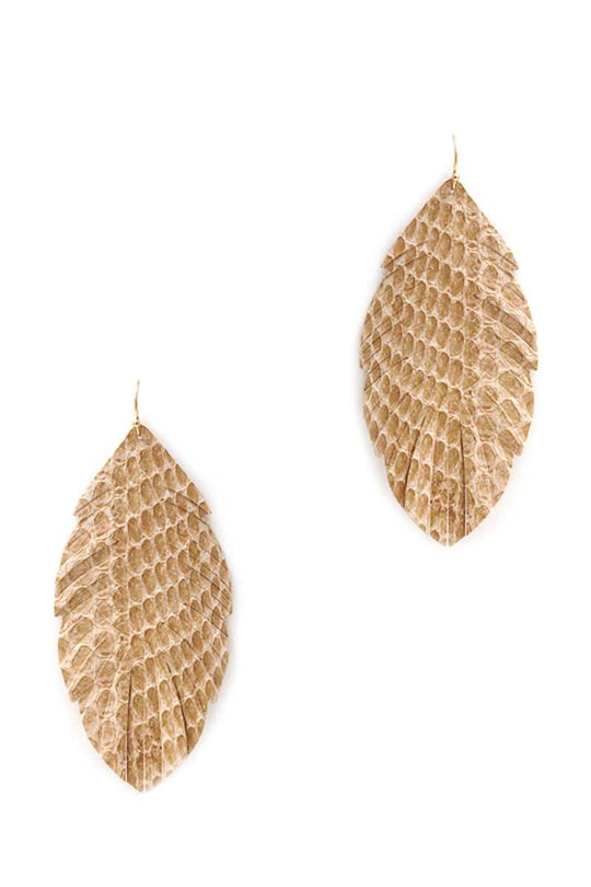 Trendy Genuine Leather Animal Skin Textured Leaf Drop Earring