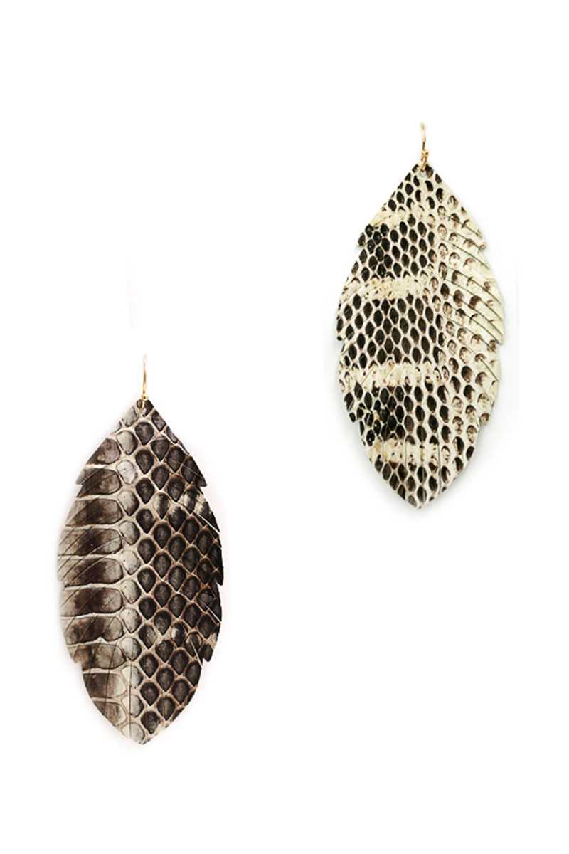 Trendy Genuine Leather Animal Skin Textured Leaf Drop Earring