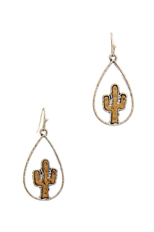 Two Tone Tear Drop Out Lined Cactus Dangle Earring