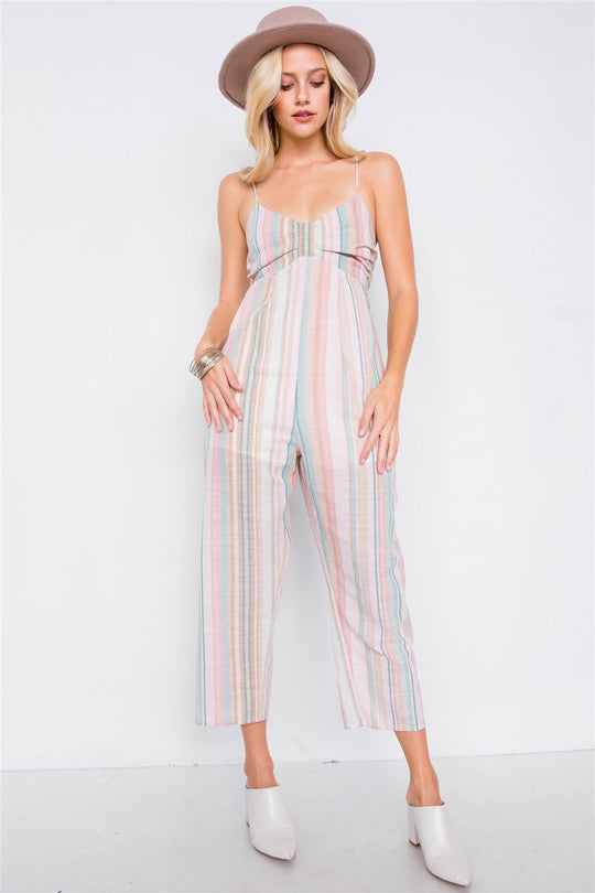 Multi Stripe Ribbon Shaped Front Smocking Back Jumpsuit