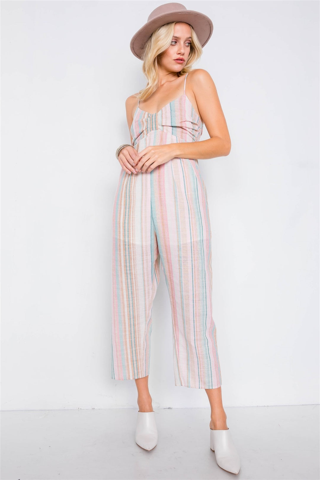 Multi Stripe Ribbon Shaped Front Smocking Back Jumpsuit