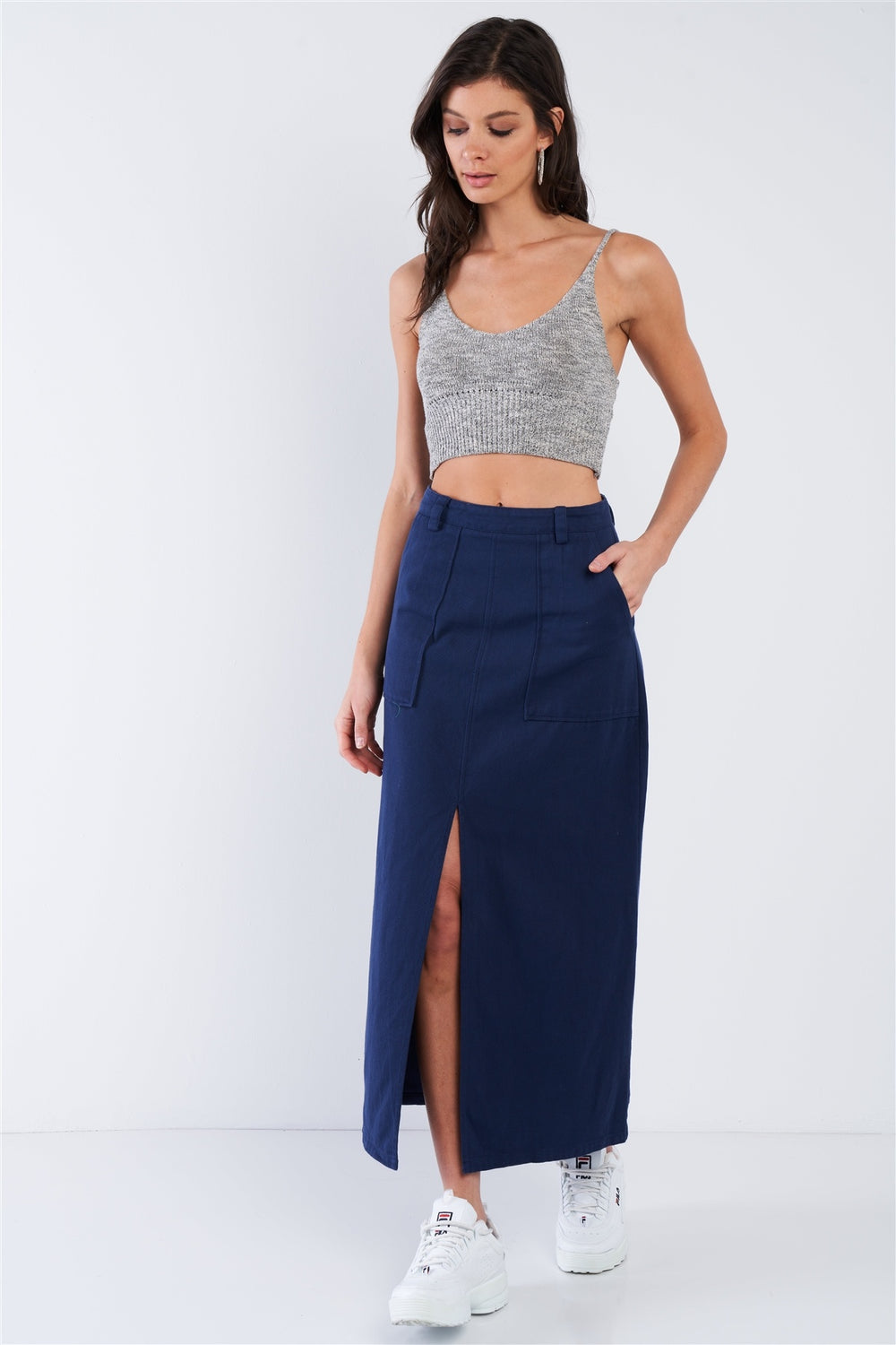 Navy Blue Denim Midi Center Slit High Waist Casual Skirt