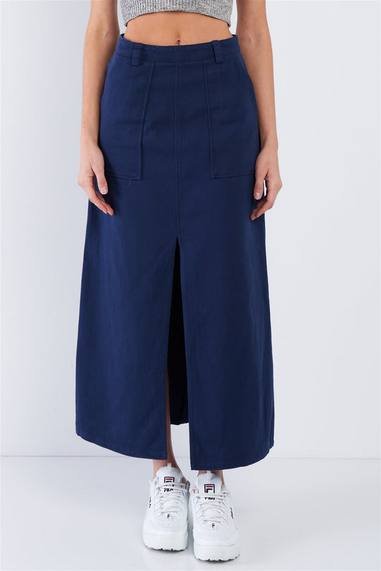 Navy Blue Denim Midi Center Slit High Waist Casual Skirt