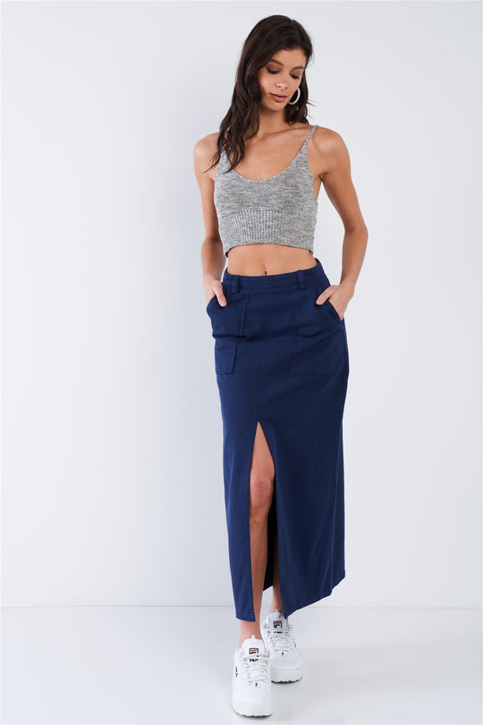 Navy Blue Denim Midi Center Slit High Waist Casual Skirt