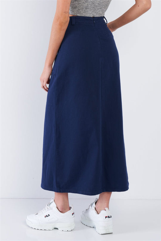 Navy Blue Denim Midi Center Slit High Waist Casual Skirt