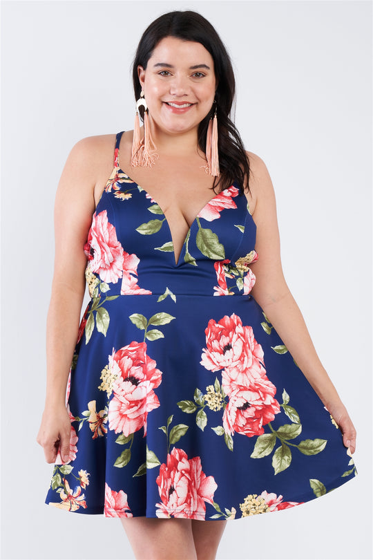 Plus Size Navy Floral Plunging V-neck Open Back Skater Mini Dress