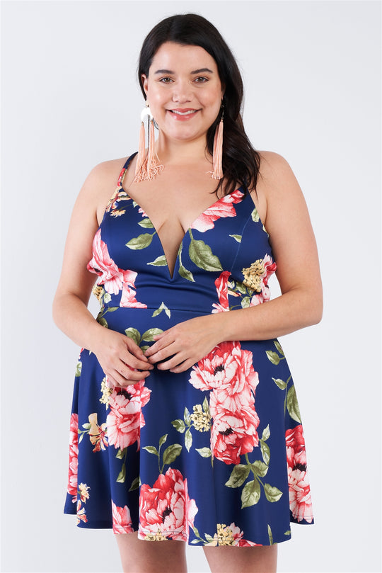 Plus Size Navy Floral Plunging V-neck Open Back Skater Mini Dress