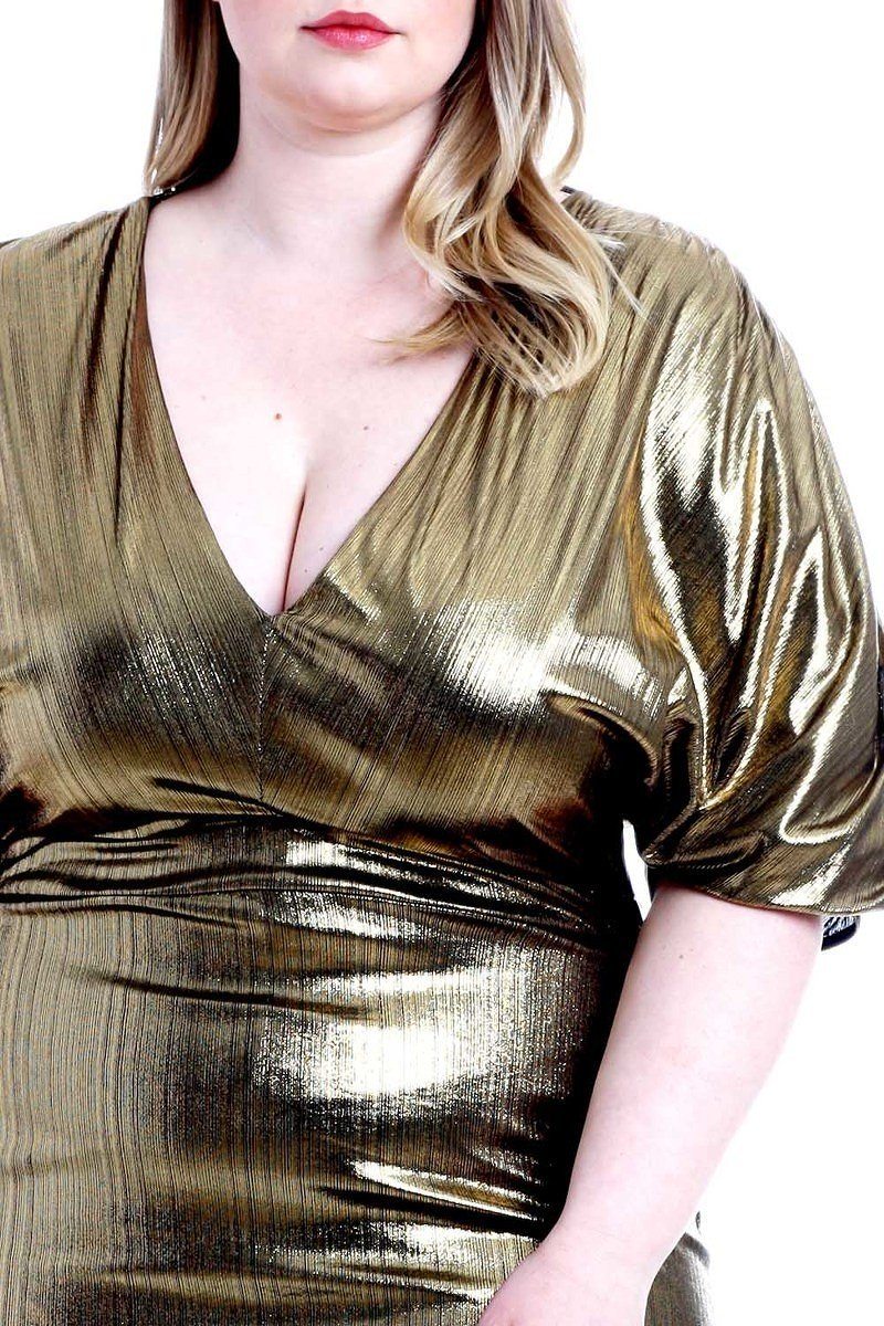 Metallic Ribbed Deep V-neckline Dress