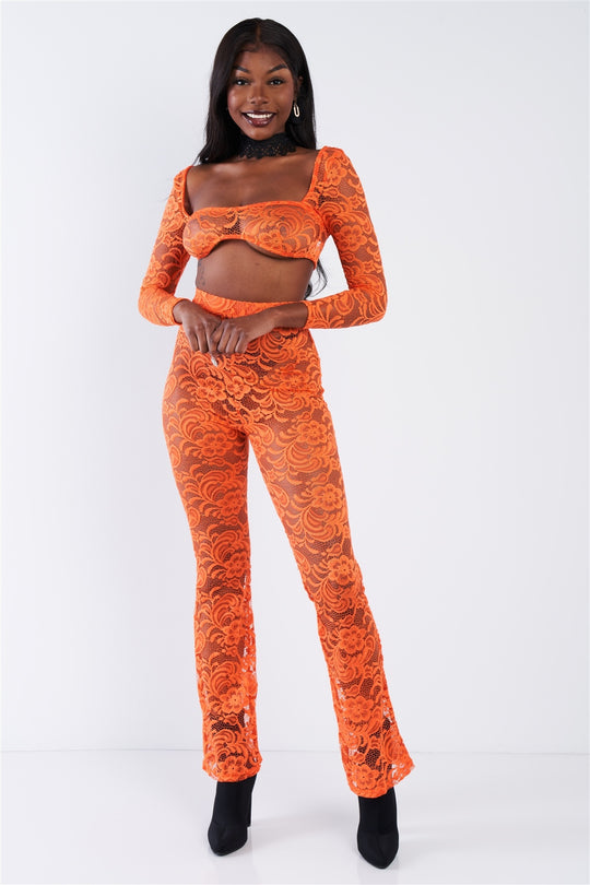 Sheer Floral Lace Crop Square Neck Top & High Waist Flare Pant Set