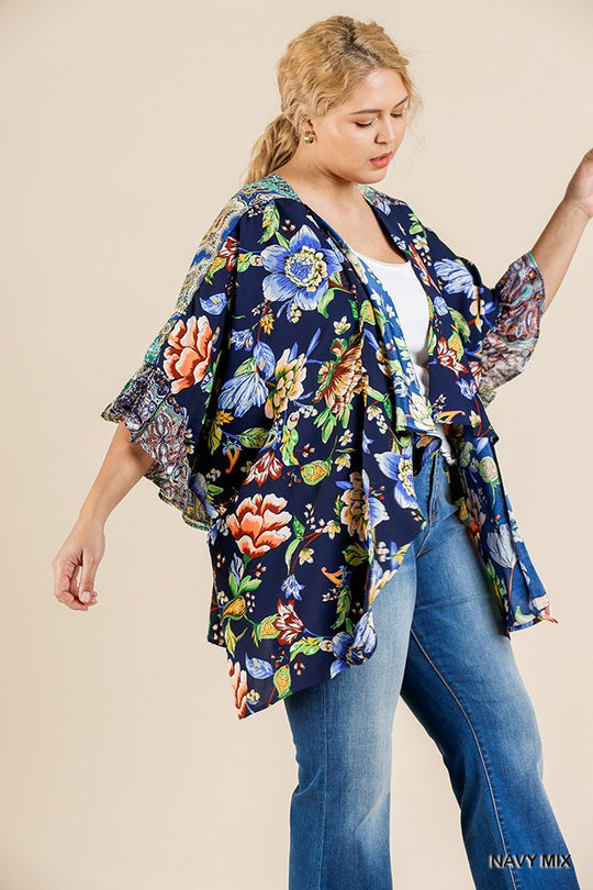 Floral Mixed Print Ruffle Bell Sleeve Open Front Kimono With Side Slits