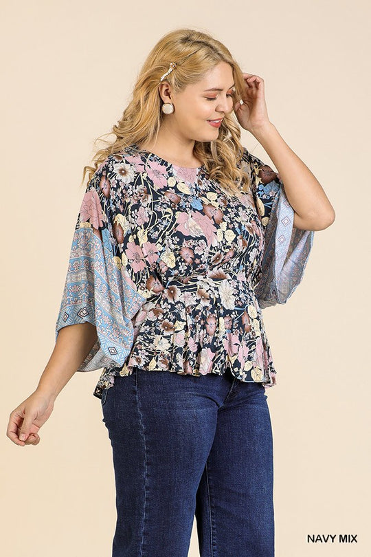 Floral Scarf Mixed Print Kimono Sleeve Round Neck Peplum Hem Top