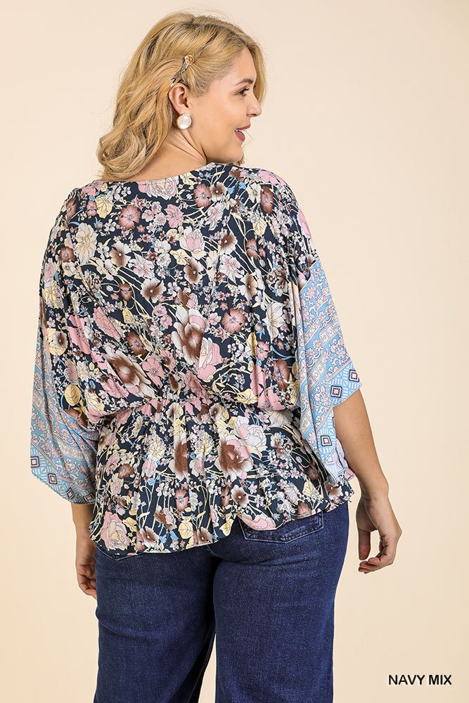 Floral Scarf Mixed Print Kimono Sleeve Round Neck Peplum Hem Top