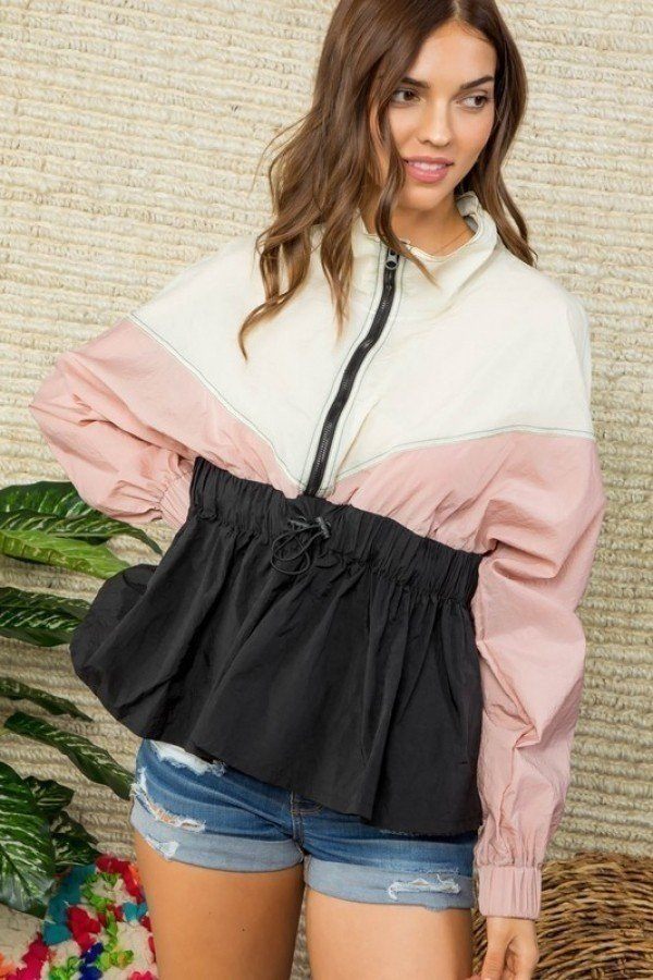 High Neck Zipper Waist Elastic Long Sleeve Bottom Ruffle Color Block Windbreaker