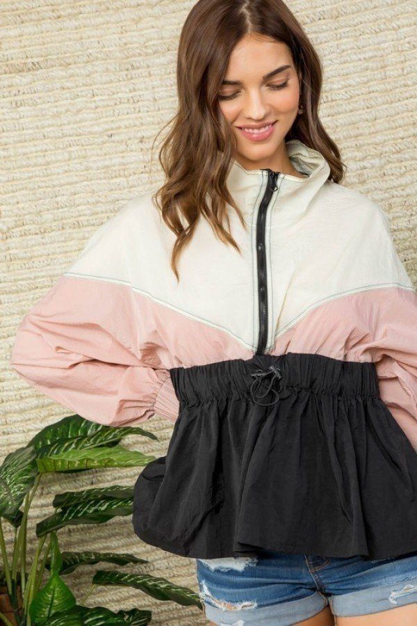 High Neck Zipper Waist Elastic Long Sleeve Bottom Ruffle Color Block Windbreaker