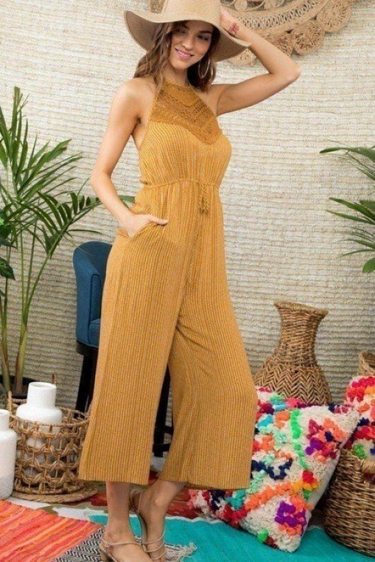 Halter Neck Front Lace Patch Detail Printed Jumpsuit