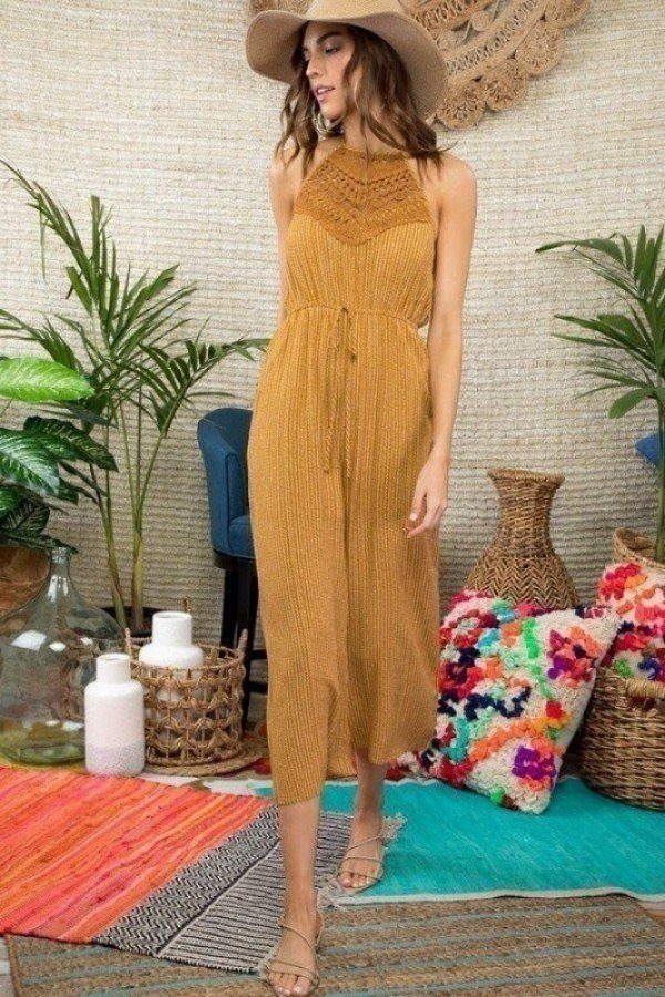 Halter Neck Front Lace Patch Detail Printed Jumpsuit