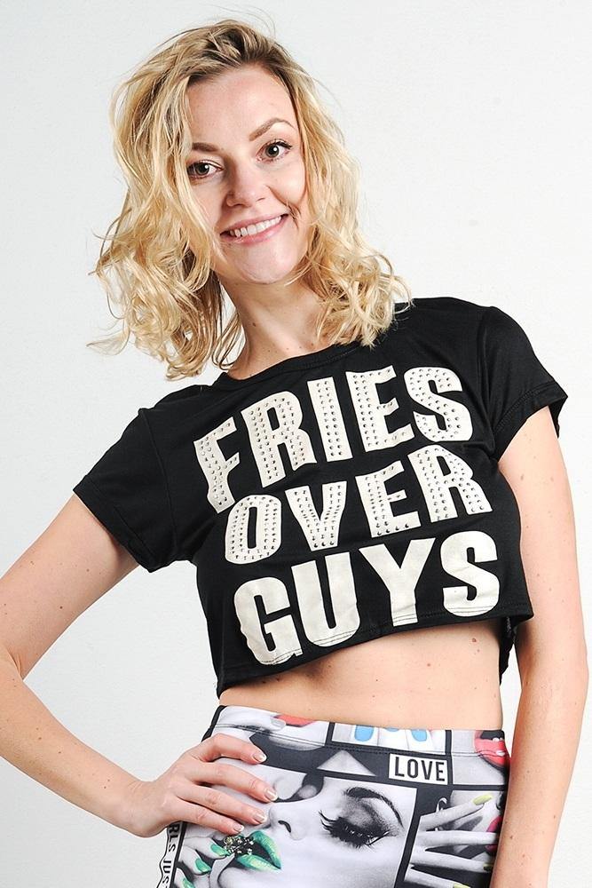 "fries Over Guys" Graphic Studs Detail Crop Top - bulkybox