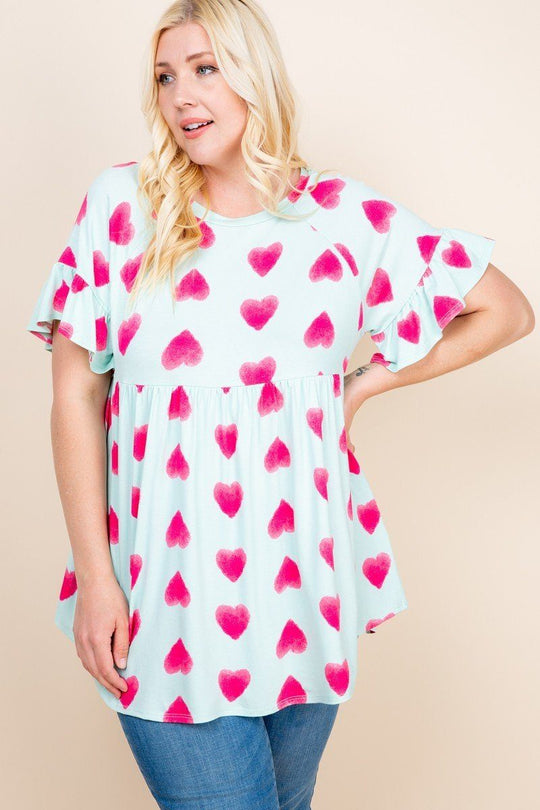 Plus Size Cute Adorable Heart Jersey Babydoll Tunic Top