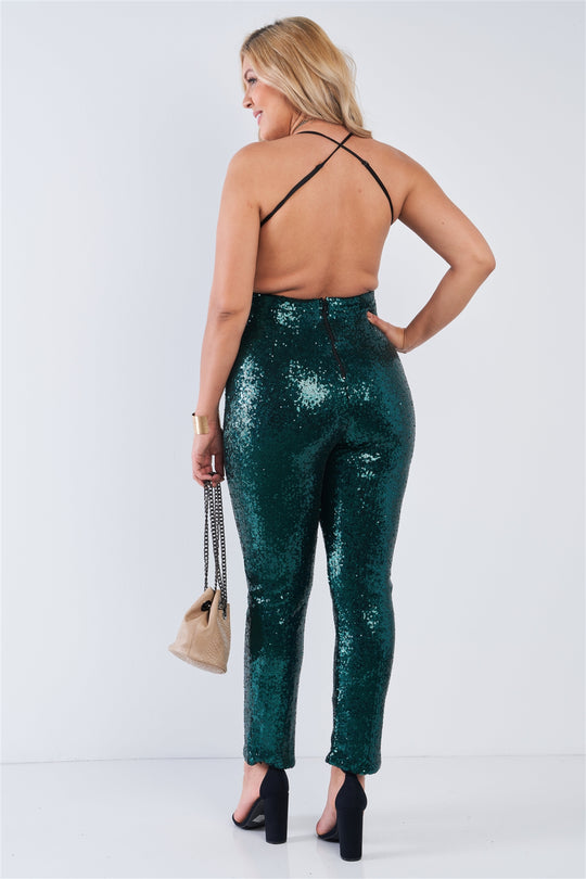 Plus Size Sequin V-neck Criss Cross Open Back Bodycon Jumpsuit