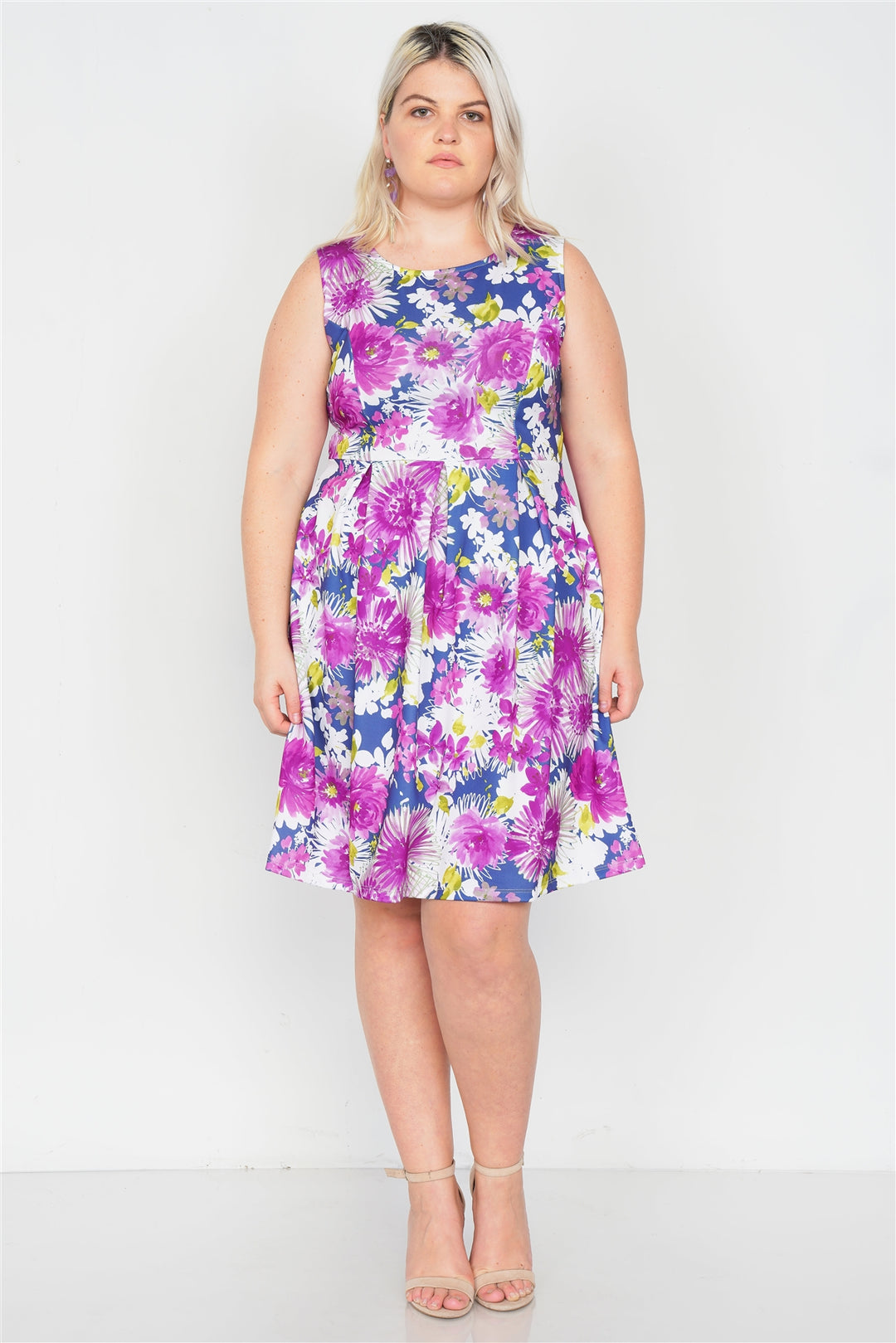 Plus Size Purple Navy Watercolor Floral Print Casual Midi Dress