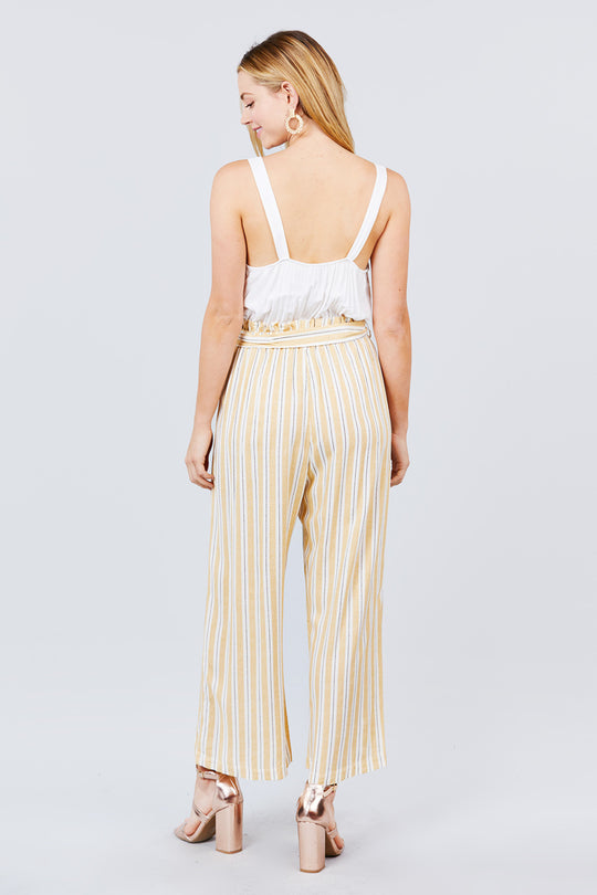 Straight Neck Waist Belted Stripe Long Jumpsuit