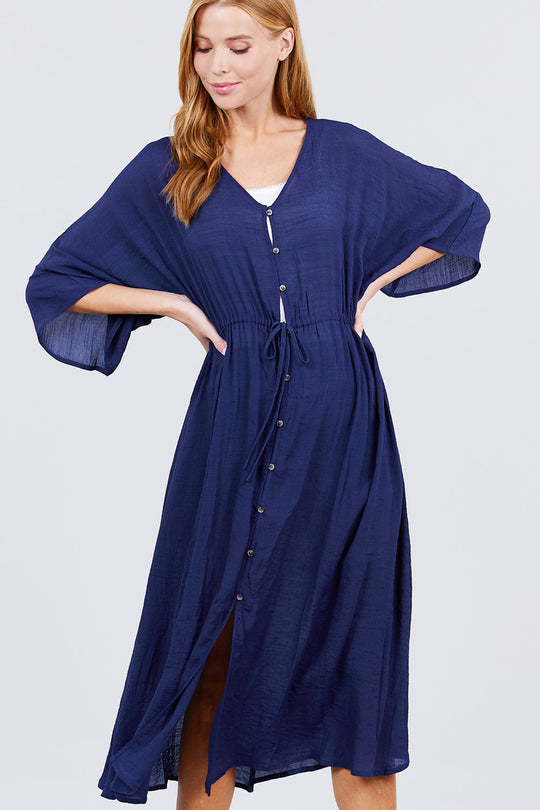 Elbow Sleeve Waist Ribbon Tie Button Down Long Woven Cardigan