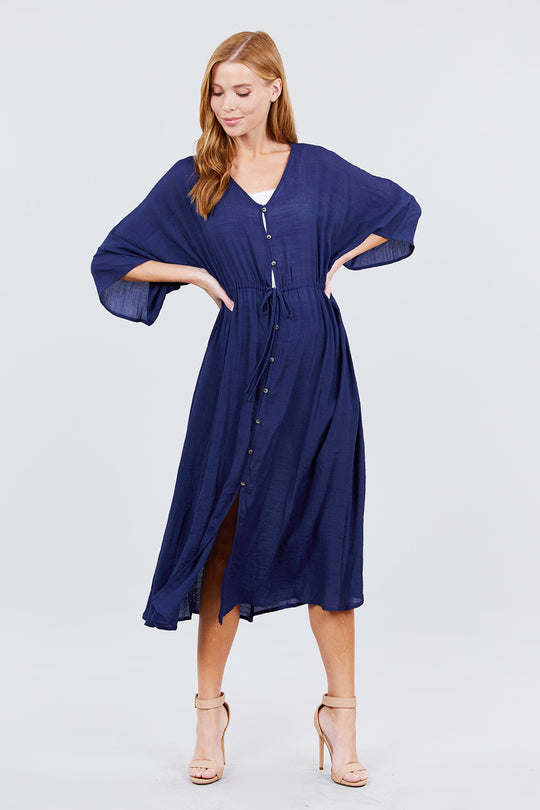 Elbow Sleeve Waist Ribbon Tie Button Down Long Woven Cardigan