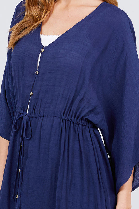 Elbow Sleeve Waist Ribbon Tie Button Down Long Woven Cardigan