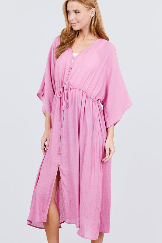 Elbow Sleeve Waist Ribbon Tie Button Down Long Woven Cardigan