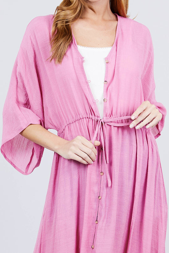 Elbow Sleeve Waist Ribbon Tie Button Down Long Woven Cardigan