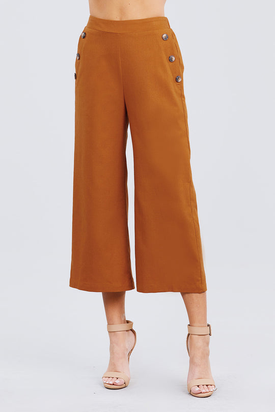 Fake Pocket W/button Detail Wide Long Leg Linen Pants