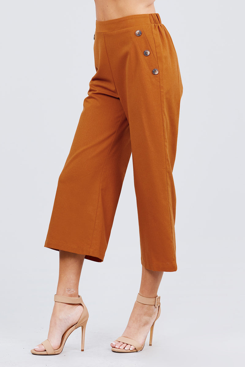 Fake Pocket W/button Detail Wide Long Leg Linen Pants