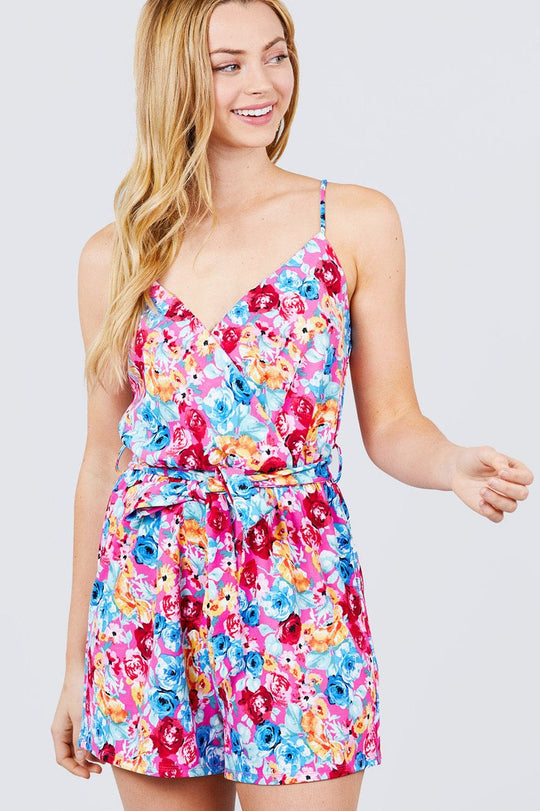 V-neck W/wrap Adjustable Spaghetti Straps Waist Belt Printed Knit Romper