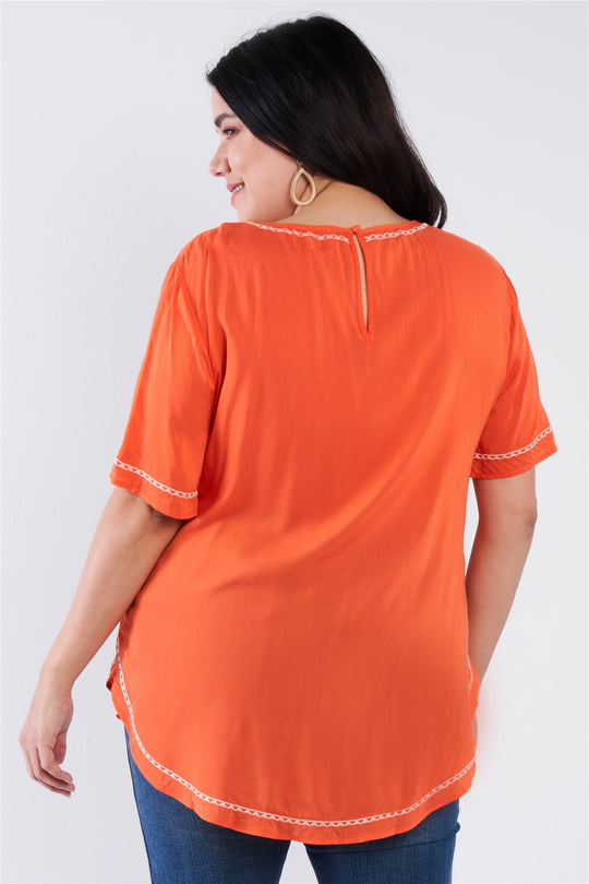 Plus Size Embroidered Hem Short Sleeve Top