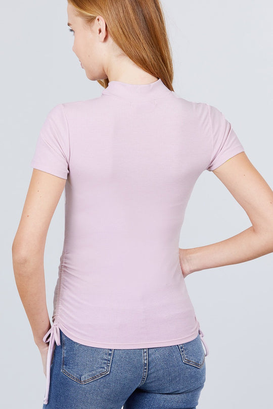 Short Sleeve Mock Neck Side Shirring Detail Rib Knit Top