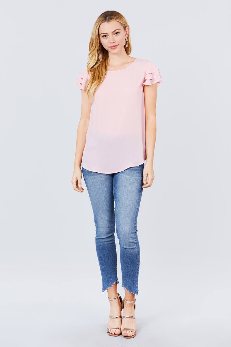 Short Cap Ruffle Sleeve Round Neck Woven Top