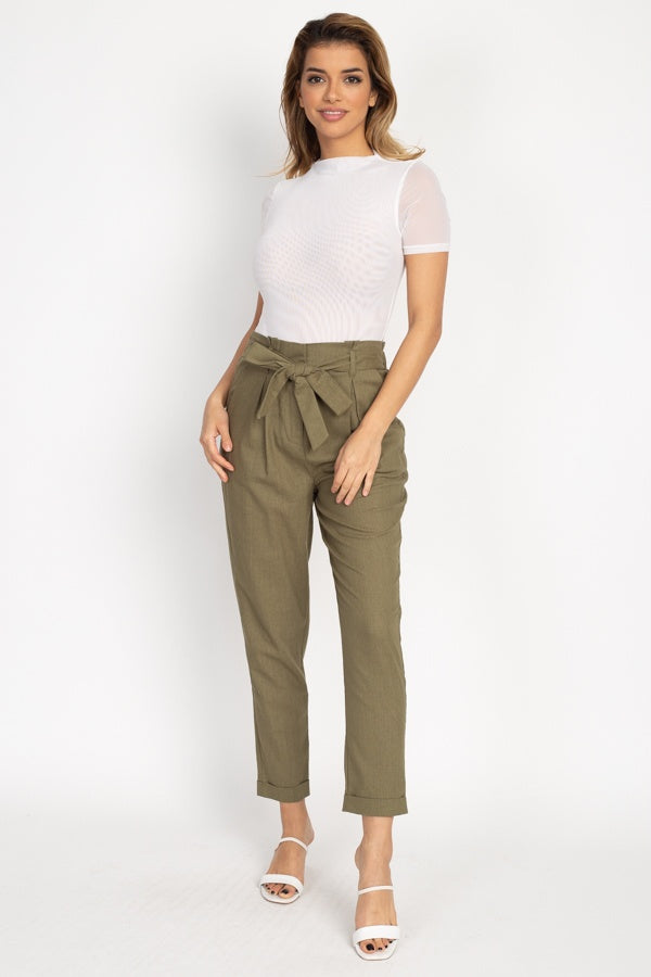 Belted Linen Paper Bag Pants