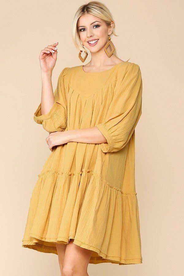 3/4 Sleeve Pocket Ruffle Pintuck Swing Dress - bulkybox