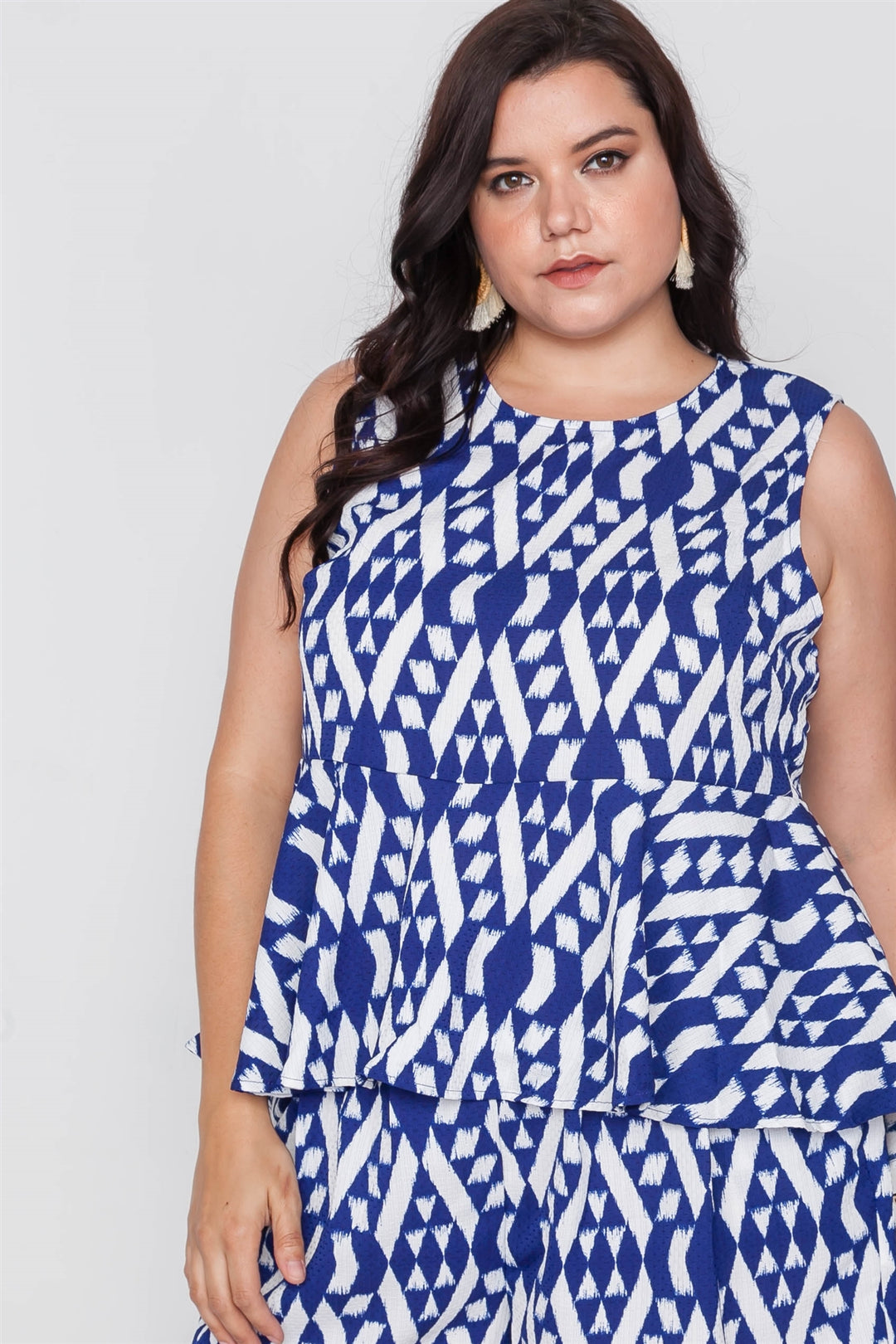 Plus Size Off White Blue Sleeveless Tribal Print Top