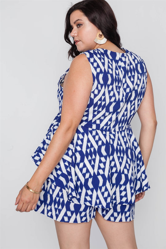 Plus Size Off White Blue Sleeveless Tribal Print Top