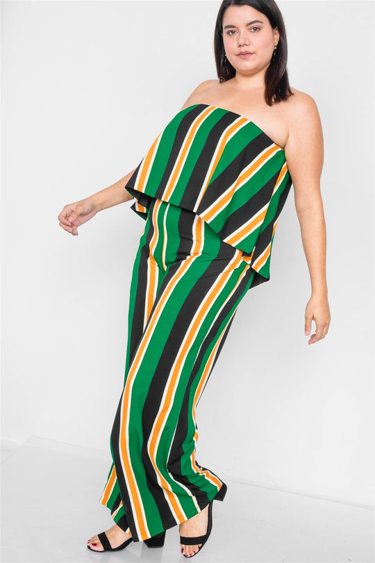 Plus Size Green Multi Stripe Open Back Jumpsuit