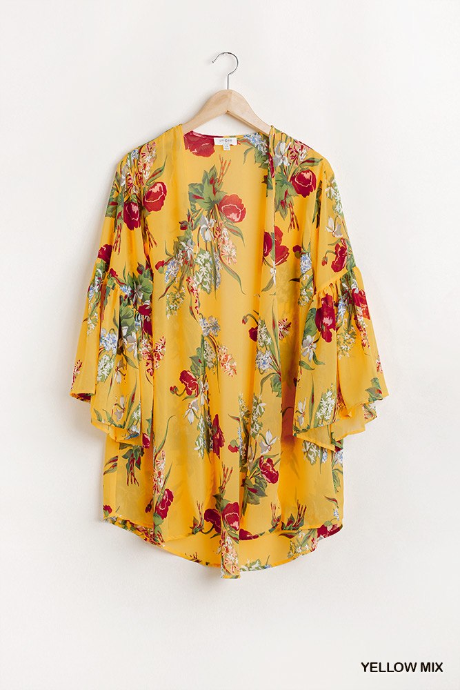 Floral Print Open Front Kimono With Flowy Sleeves